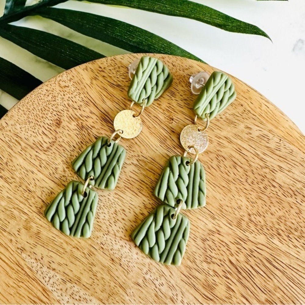 2/$30🌵 Braided Polymer Clay Knitted Earrings Women Gift Sage Green Gold Boho